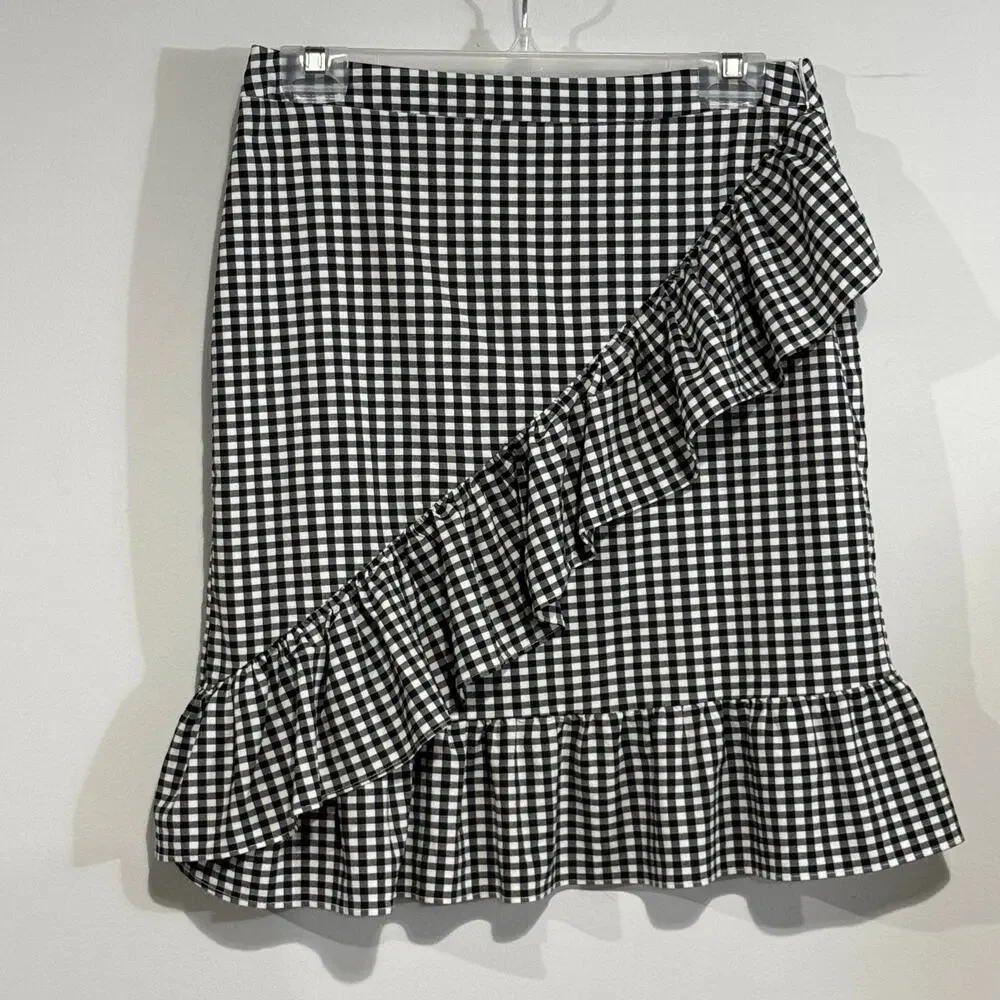 Nanette Lepore Gingham Ruffle Pencil Skirt Size 6 Black & White‎ Office Siren